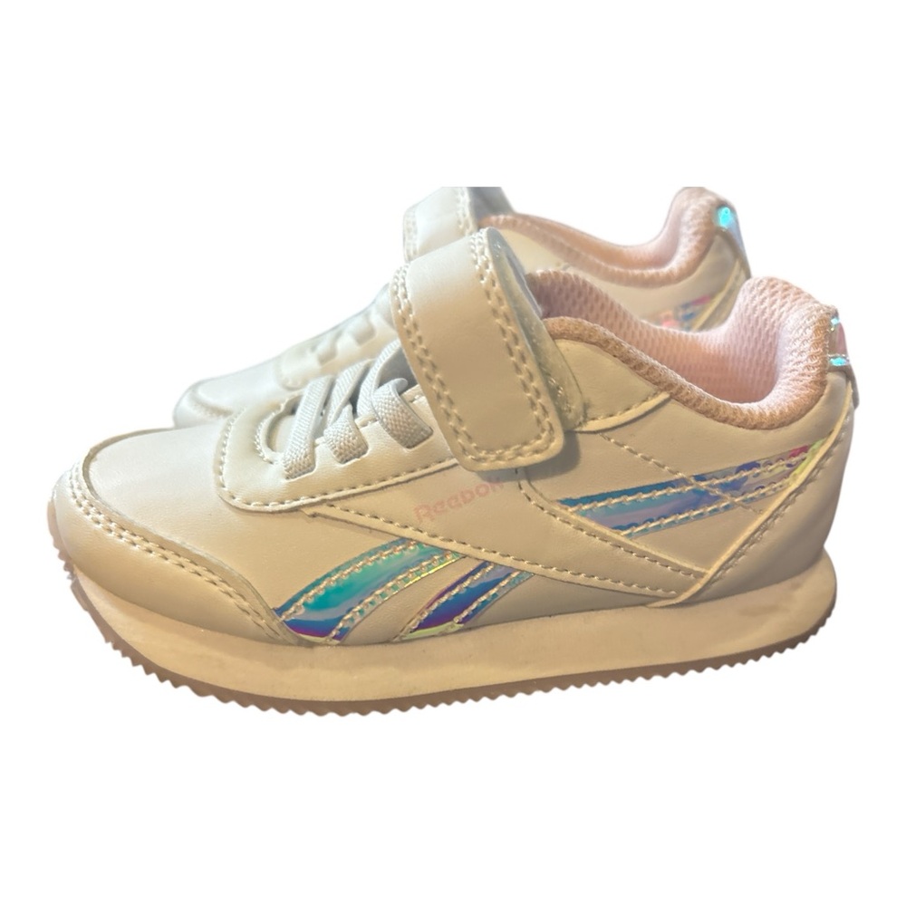 New Reebok Toddler Sneakers Size 8 White Iridescent Pink Hook &